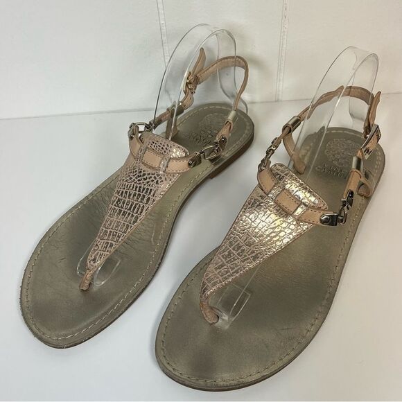 Vince Camuto Nude & Metallic Silver Leather T-Strap Sandals Size 9 - Picture 5 of 15